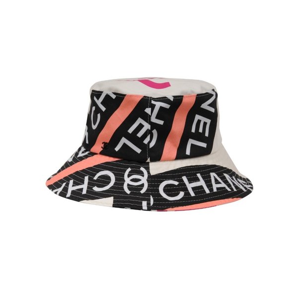 Chanel 22C CC Logo Bucket Hat Small S Pink White Black 100% Cotton Sun Cloche - Picture 2 of 16